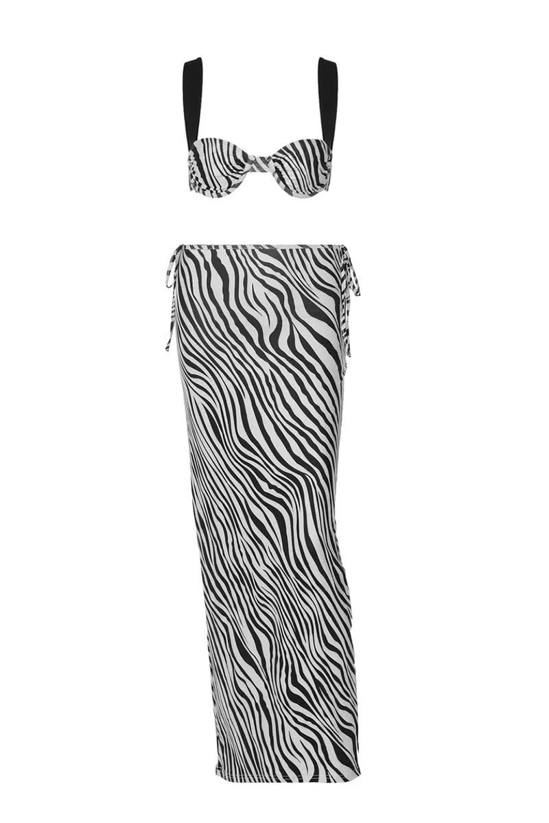 Zebra Print Bikini Top With Maxi Skirt